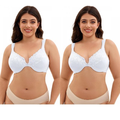 INSPIRE CHIC 2 Pcs Women's Front Closure Lace Trim Underwire Adjustable Straps Plunge Bras