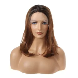 Unique Bargains Medium Long Straight Bob Lace Front Wigs for Women with Wig Cap 14" Black Gradient Light Brown 1PC