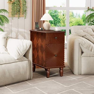 Modern Sofa Side Table With Drawer, Wooden Narrow End Table, Slim Bedroom Nightstand, Accent Bedside Table for Small Space Living Room Bedroom