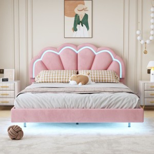 Queen Bed Frame And Headboard,Bed Floating With Led Lights,Velvet Fabric Bed,Elegant Floral Headboard-Cuddlewood - 1 of 4