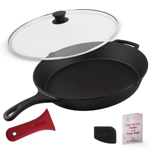 Cuisinel Cast Iron Skillet + Glass Lid + Pan Scraper - 15"-Inch with Cover + Heat-Resistant Silicone Handle Grip - 1 of 4