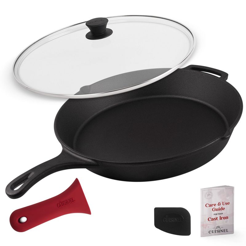 Cuisinel Cast Iron Skillet + Glass Lid + Pan Scraper - 15"-Inch with Cover + Heat-Resistant Silicone Handle Grip, 1 of 4