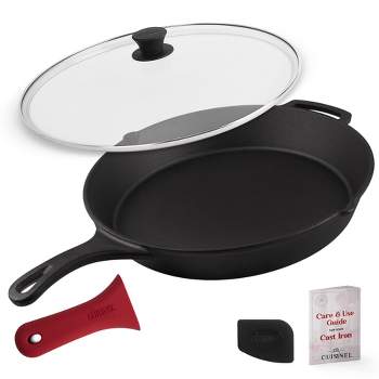 Cuisinel Cast Iron Skillet + Glass Lid + Pan Scraper - 15"-Inch with Cover + Heat-Resistant Silicone Handle Grip