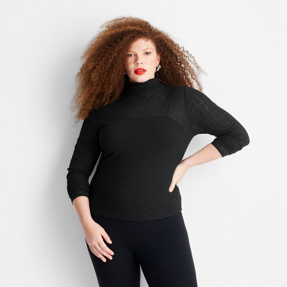 Women's Slim Fit Long Sleeve Mock Neck Sheer Ribbed Top - Future Collective Black 4X