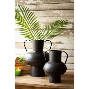 Waxed Black Metal Urns with Handles – 14.5"H Decorative Contemporary Vessels, Set of Two by Kalalou - 1 of 2