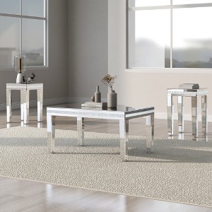 Fashionable Modern Glass Mirrored Coffee Table Set of 3 with Crystal Design, Adjustable Legs, Easy Assembly, Includes 2 End Tables - 1 of 4