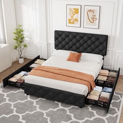 Full/Queen/King Size Bed Frame with 4 Storage Drawers, Faux Leather Upholstered Platform Bed Frame with Adjustable Headboard