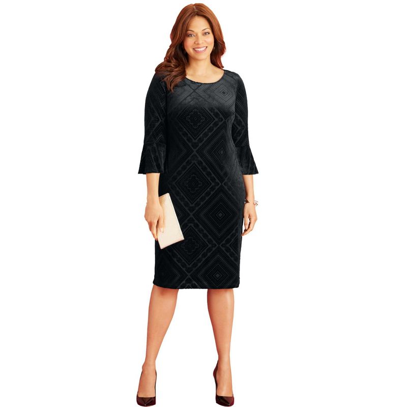 Catherines Women's Plus Size AnyWear Velvet Burnout Bell Sleeve Dress, 1 of 2