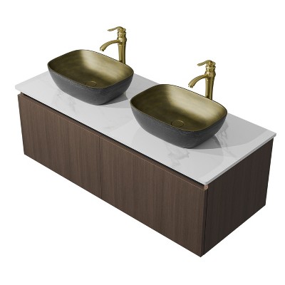 Double Wall Mounted Bathroom Vanity Sink Set with Ceramic Vessel, Faucet