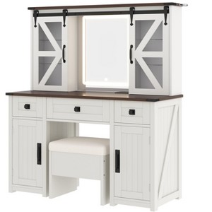 Gulches Farmhouse 43.3" Makeup Vanity Desk Set - Lighted Mirror, Storage Stool, Charging Station, Sliding Barn Door, 3 Drawers, 4 Cabinets, Beige - 1 of 4