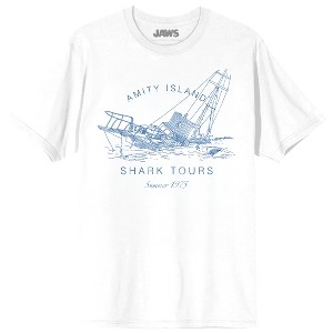Jaws Franchise Amity Island Shipwreck Shark Tours on White Adult  Crew Neck Short Sleeve T-shirt - 1 of 3