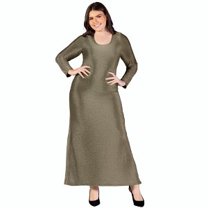 24seven Comfort Apparel Plus Size Long Sleeve Scoop Neck Shimmery Fabric Maxi Dress - 1 of 3