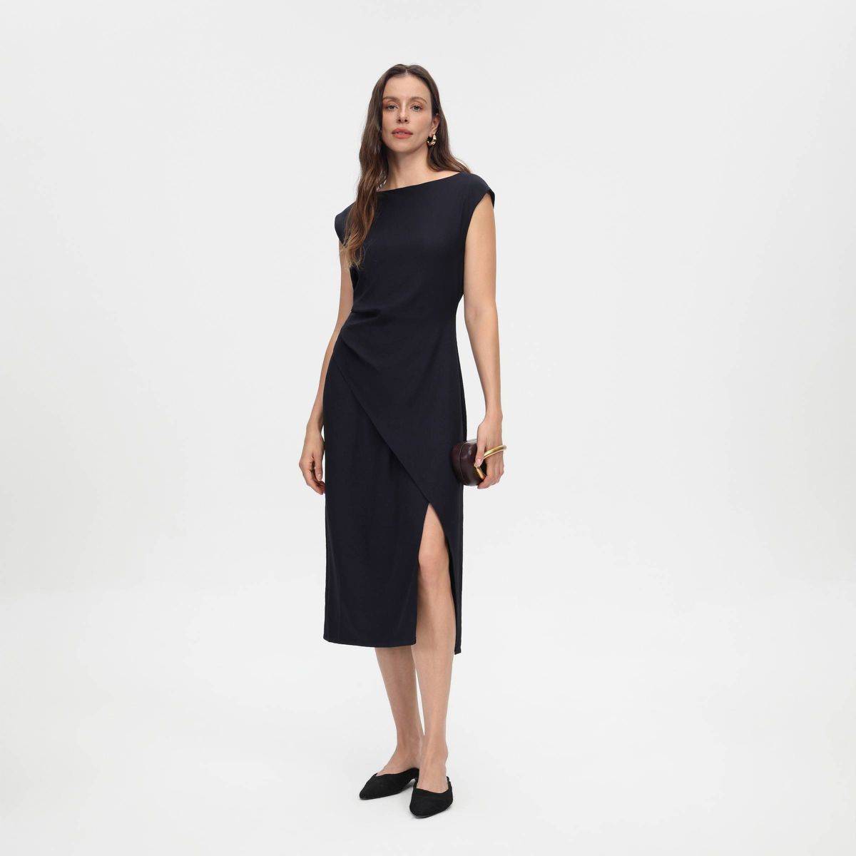 Women's Cap Sleeve Shirring Midi Wrap Dress - A New Day™