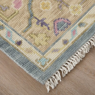 Karina Blue and Beige Hand-Knotted Wool Floral Area Rug