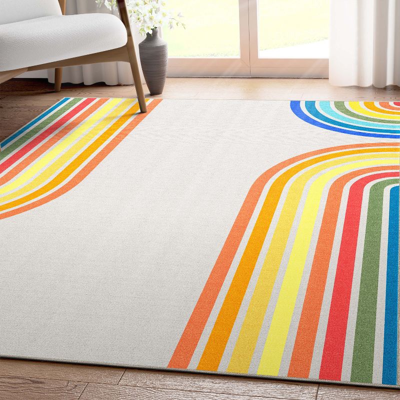 Well Woven Geometric Modern Washable Area Rug - Multi Color Bright Curves Rainbow - For Living Room, Bedroom and Office, 2 of 8