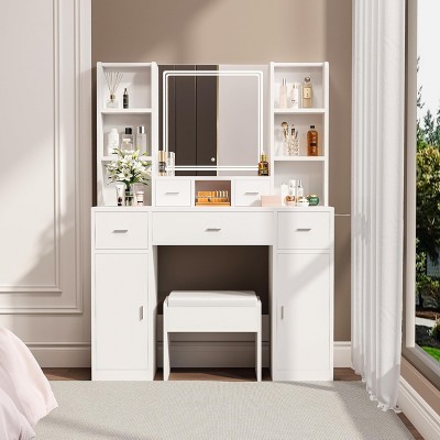 Makeup Vanity Table, Vanity Desk Set with Large Mirror, LED Lights and Power Outlet, Makeup Desk with Drawers and Storage Shelves