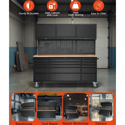 72-inch Rolling Tool Chest Cabinet Garage Workbench with 15 Storage Drawers and Wheels, 3 Upper Cabinet, Pegboard, Steel Large Tool Box