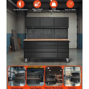 72-inch Rolling Tool Chest Cabinet Garage Workbench with 15 Storage Drawers and Wheels, 3 Upper Cabinet, Pegboard, Steel Large Tool Box - 1 of 4