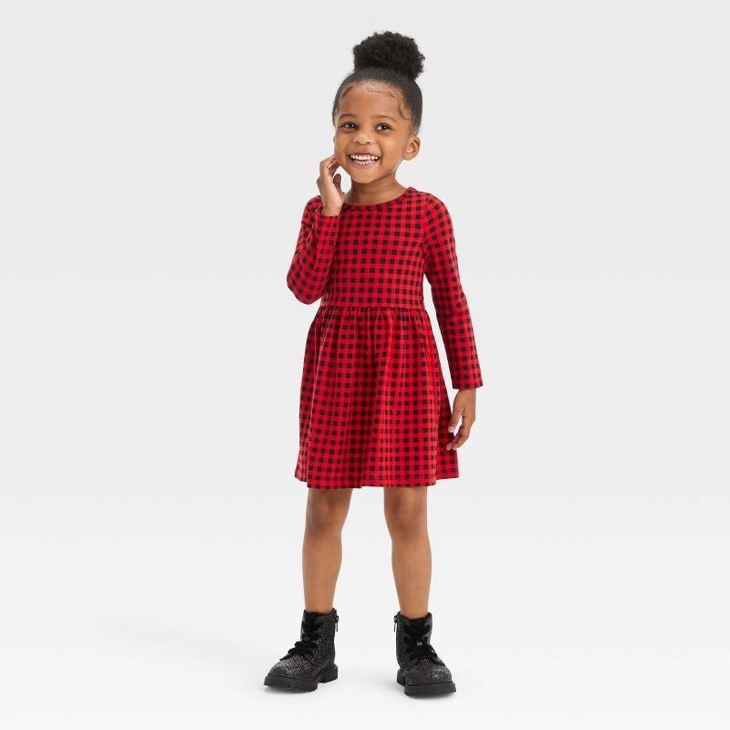 Toddler Girls' Checkered Long Sleeve Dress - Cat & Jack™ Red, 4 of 5