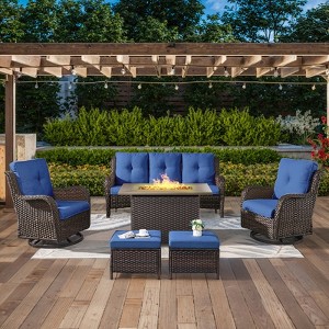 POCASSY 5-Piece Patio Furniture Set with Fire Pit Table, Brown Wicker Outdoor Fire Pit Set With Patio Sectional Sofa, Swivel Chair, Rattan Footrest - 1 of 4