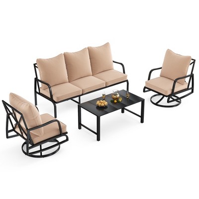 Maggift Patio Seating Set 4-Piece with Swivel Rocking Chair, Side Table and Thick Cushion for Deck, Backyard and Garden, Beige, 23.2" * 26.8" * 34.2"