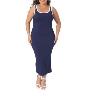 Women's Plus Size Contrast Square Neck Sleeveless Side Slit Bodycon Knit Summer Long Tank Dresses - Agnes Orinda - 1 of 4