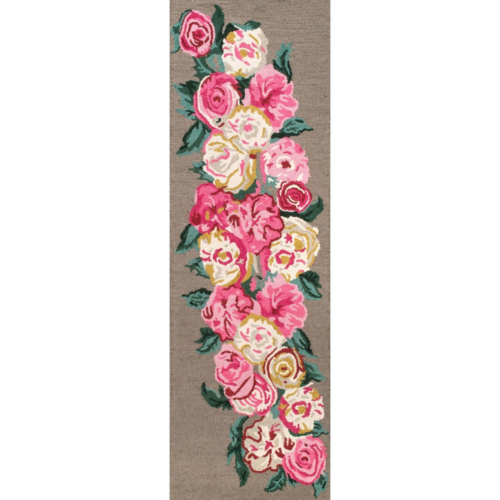  Runner Hand Hooked Rose Bouquet Area Rug Light Brown