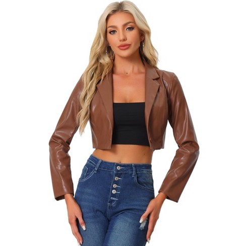 INSPIRE CHIC Women's Faux Leather One Button Lapel Collar Cropped Moto PU Jackets - image 1 of 4