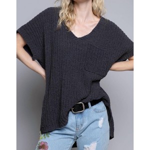 Women's High-low Short Sleeve Chenille Sweater - POL - 1 of 4