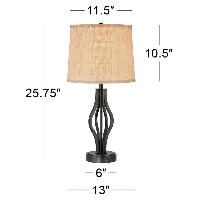 360 Lighting Heather Modern Industrial Table Lamps 25 3/4" High Set of 2 Dark Iron with USB Charging Port Burlap Drum Shade for Bedroom House Desk, 5 of 9