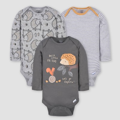 Image of Gerber Baby Boys' 3pk Hedgehog Long Sleeve Onesies - Gray
