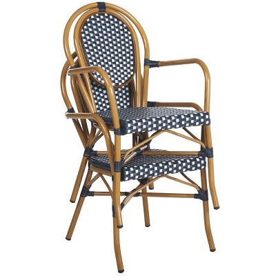 Côte d'Azur Chic Navy and White Wicker Dining Arm Chair, Set of 2