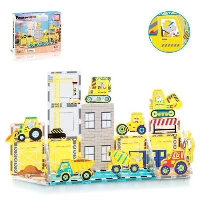 PICASSO-TILES 26 PC Construction Themed, Magnetic Tiles, Building Blocks, STEM Toys for Kids 3+