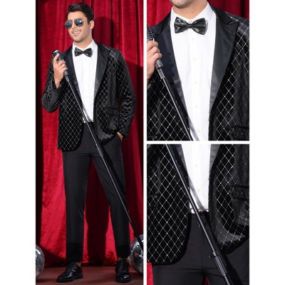 Lars Amadeus Men's Peak Lapel Tuxedo Wedding Shiny Argyle Velvet Suit Jacket Black Large — фото 3