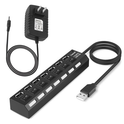 Insten 7-Port USB Hub with ON / OFF Switch Adapter LED Light (+ 5V Power Adapter 2A AC Wall ) - Black