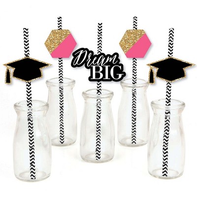 Big Dot of Happiness Dream Big Paper Straw Decor - Graduation Party Striped Decorative Straws - Set of 24
