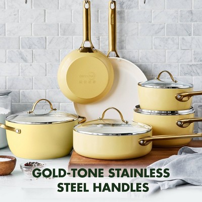 Sunrise Yellow Ceramic Nonstick 10-Piece Cookware Set with Gold Handles