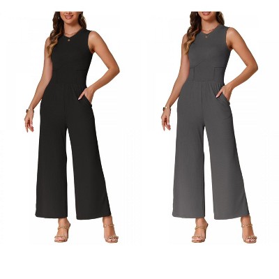 INSPIRE CHIC Women's Dressy Casual Outfits Sleeveless Crewneck Wide Leg Summer Jumpsuit 2 Packs