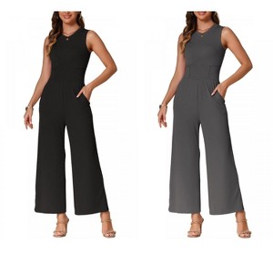 INSPIRE CHIC Women's Dressy Casual Outfits Sleeveless Crewneck Wide Leg Summer Jumpsuit 2 Packs - 1 of 4