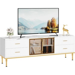 65 Inch TV Stand with LED Lights, Modern Entertainment Center for TVs Up to 75 Inch, Glass Doors, Wave Pattern, 4 Drawers, for Living Room - 1 of 4