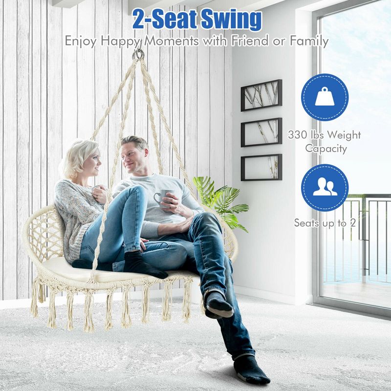 Costway 2 Person Hanging Hammock Chair with Cushion Macrame Swing 330 lbs Capacity, 5 of 11