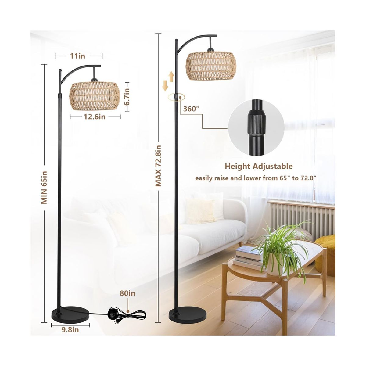 Arc Floor Lamp with 3 Color Temperatures, Boho Standing Lamp with Rattan & Fabric Shades, Farmhouse Tall Lamp for Living Room Bedroom - thumbnail 5