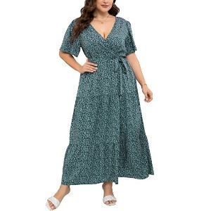 Plus Size Women's Flowy Tiered Maxi Dress - V-Neck, Short Sleeve & Waist Tie with Floral Print - 1 of 4