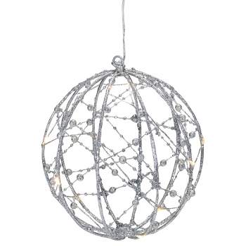 Northlight 8" LED Lighted Silver Wired Christmas Hanging Ball Decoration - Warm White Lights