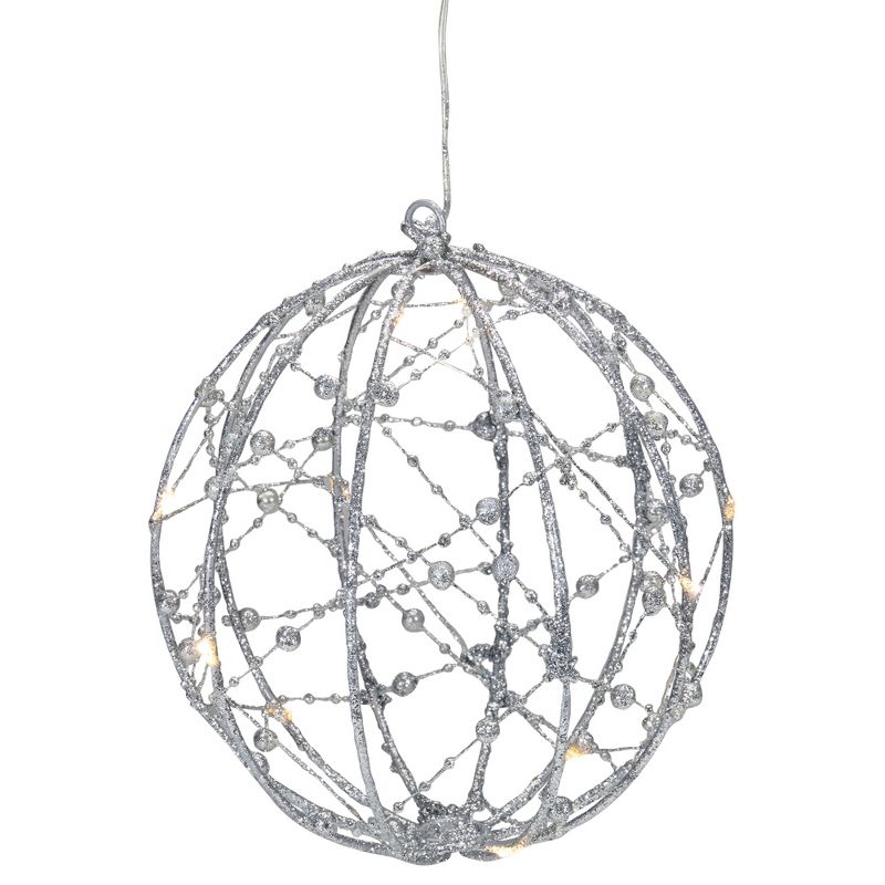 Northlight 8" LED Lighted Silver Wired Christmas Hanging Ball Decoration - Warm White Lights, 1 of 4