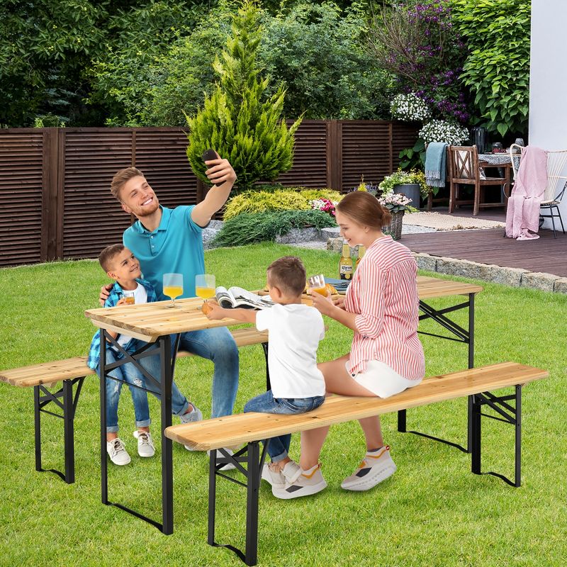 Costway 3 PCS Beer Table Bench Set Folding Wooden Top Picnic Table Patio Garden, 5 of 13