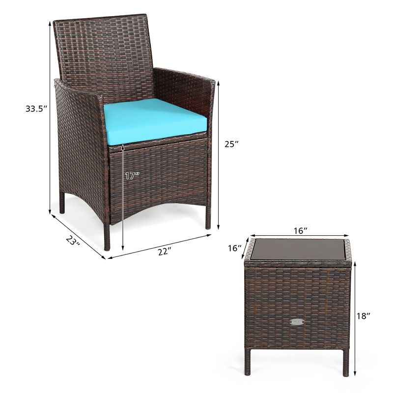 Costway 3PCS Patio Rattan Furniture Set Cushioned Sofa Glass Tabletop Deck Red\Blue\ White, 4 of 13