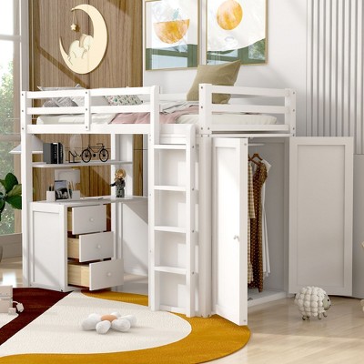 Sapphtopaz Loft Bed with Drawers Desk & Wardrobe,Wood Bed Frame with Ladder & Safety Guardrail,Space-Saving Bunk Bed for Teens & Kids