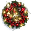 TackView 18" Prelit Christmas Wreath for Front Door, Christmas Wreath with Red Green Plaid Ribbon Pinecones Ball Oranments - 4 of 4