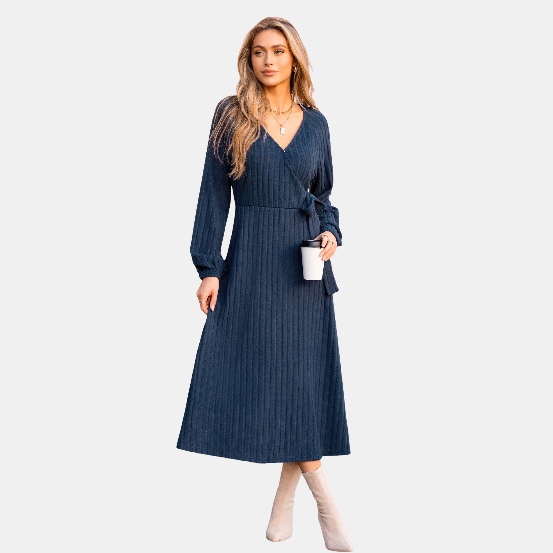 Women's Blue Elegant Ribbed Wrap Maxi Dress - Cupshe
